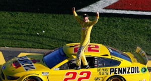 LAS VEGAS, NEVADA - FEBRUARY 23: Joey Logano, driver of the #22 Pennzoil Ford, celebrates his win during the NASCAR Cup Series Pennzoil 400 at Las Vegas Motor Speedway on February 23, 2020 in Las Vegas, Nevada. (Photo by Jonathan Ferrey/Getty Images)